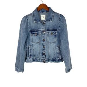 Kensie Jeans Denim Jacket Puff Sleeve Crop Blue Button Front Pockets Women's S